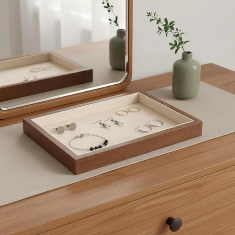 Slick Walnut Wood Jewelry Display Tray With Dope 24 Compartments For Rings Earrings Necklaces on dresser with jewelry.