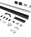 5-Foot Sliding Barn Door Track Kit With Handles, Low Clearance Hardware, Aluminum Box Rail, Black Finish, installation components shown