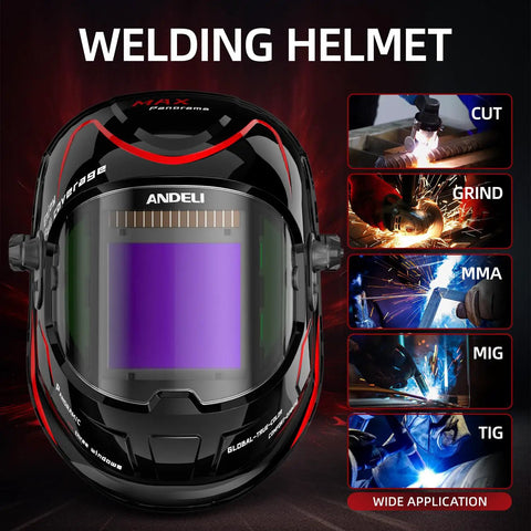 Top Notch Panoramic Welding Helmet With True Color View Solar Powered Auto Darkening Shield Large 3.94 By 3.74 Inch Viewing Window Side View Panel Four Arc Sensors Wide Shade Range 4 5 8 9 13 Ideal For TIG MIG ARC Plasma