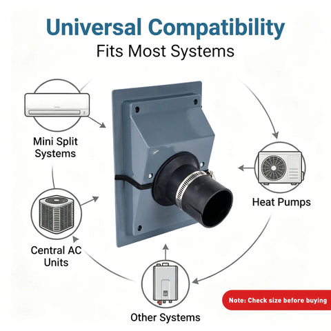 Slick HVAC Line Set Cover Kit For Wall Penetration AC Pipe Sleeves Weather Resistant Insulation Guard Mini Split System Hides Ugly Tubing Clean Cut Look Seamless Gray 2.36 Inch mounted on wall with compatibility icons.