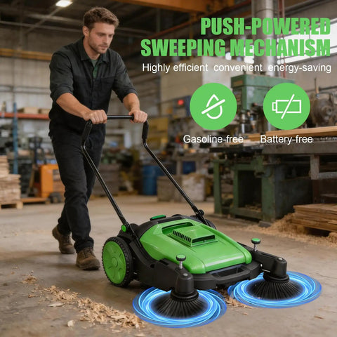 Grab A No Hook Walk-Behind Floor Sweeper With Fourty Two Sweep Width And 15 Gallon Hopper Capacity Perfect For Clearing Warehouses And Driveways Fast Without Needing Any Power Electricity Gasoline Or Batteries Just Push And Go To Keep Your Space Super