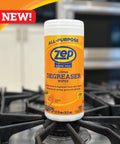 Container of Citrus Degreaser Wipes For Heavy Duty Grease Messes No Rinse Kitchen Cleaner Degreaser Wipes on stovetop