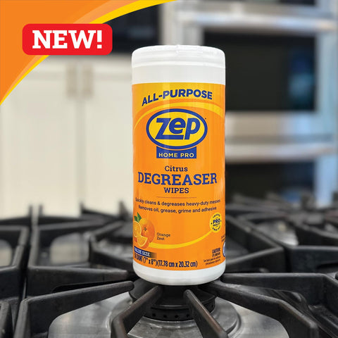 Container of Citrus Degreaser Wipes For Heavy Duty Grease Messes No Rinse Kitchen Cleaner Degreaser Wipes on stovetop