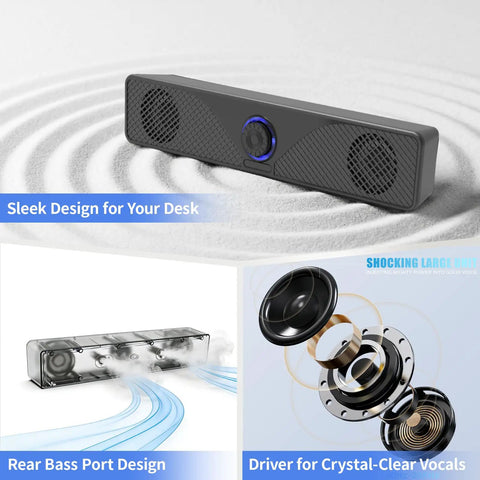 Desktop Monitor Soundbar With USB Powered Plug And Play Audio For Laptop And PC 3.5mm AUX Volume Knob sleek design image