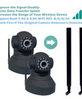 Dual Band 9 dBi WiFi Antenna 2.4GHz 5.8GHz RP-SMA 2 Pack next to two surveillance cameras