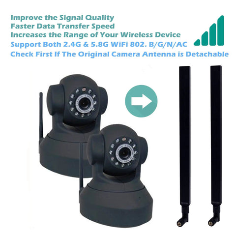 Dual Band 9 dBi WiFi Antenna 2.4GHz 5.8GHz RP-SMA 2 Pack next to two surveillance cameras