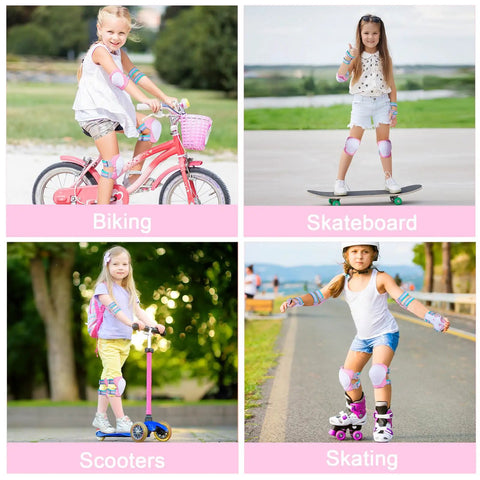 Pink All-In-One Kid Protective Gear Set With Knee Pads Elbow Pads And Wrist Guards For Inline Skating Biking Skateboarding Or Scooters