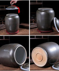 Food Grade Moisture Resistant Large Ceramic Grain Bucket With Airtight Locking Lid on wooden surface with lid held in hand.