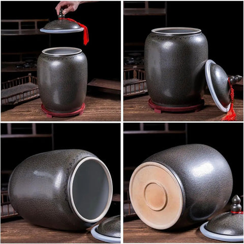 Food Grade Moisture Resistant Large Ceramic Grain Bucket With Airtight Locking Lid on wooden surface with lid held in hand.