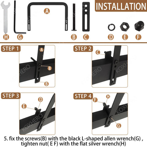 Installation steps for Heavy Duty Mattress Retainer Bar Two Piece Kit with tools and frame details.
