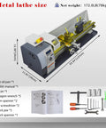 Brand New Mini Metal Lathe 1.1KW Brushless Motor 8x39 Inch Benchtop Engine With Electronic Variable Speed Control Up To 2500 RPM For Precision Wood And Steel Turning Projects In Shop showing dimensions and included tools.