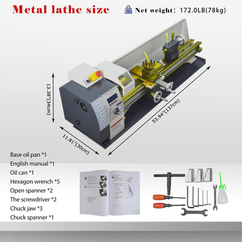 Brand New Mini Metal Lathe 1.1KW Brushless Motor 8x39 Inch Benchtop Engine With Electronic Variable Speed Control Up To 2500 RPM For Precision Wood And Steel Turning Projects In Shop showing dimensions and included tools.