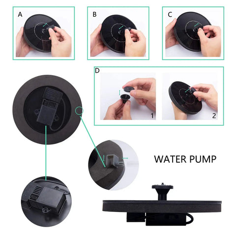 Assembly guide for Solar Fountain Pump 1.5W Upgraded Submersible Water Panel Kit With 4 Nozzles For Bird Bath Small Pond Garden And Lawn