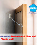 Heavy Duty Picture Hooks For Concrete Walls Zero Drilling Hassle 30 Pack installed on a wooden wall holding 25 lbs securely.