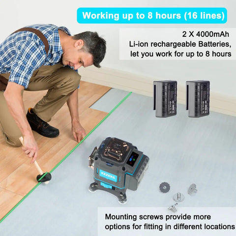 Man using 4x360 Degree Laser Level With Screen Readout, Green Laser Line, Self Leveling, Pulse Mode, Remote Control for flooring.