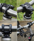 Ultralight 132G Mountain Bike Stem For 35mm Handlebar Clamp And One And One Eighth Steerer 6061T6 Aluminum CNC Machined All Mountain Downhill Freeride Black Built For Rugged Trails with close-up views of installation.