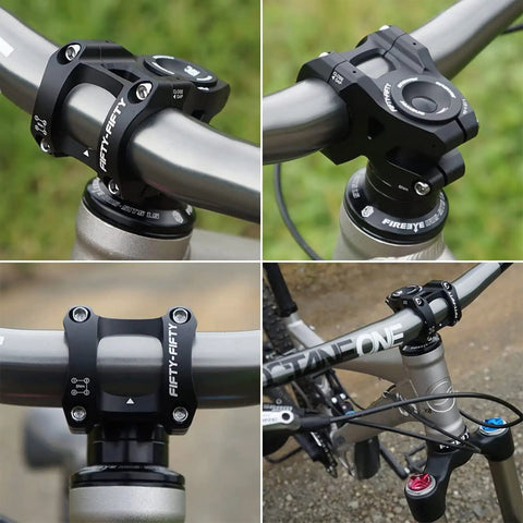 Ultralight 132G Mountain Bike Stem For 35mm Handlebar Clamp And One And One Eighth Steerer 6061T6 Aluminum CNC Machined All Mountain Downhill Freeride Black Built For Rugged Trails with close-up views of installation.