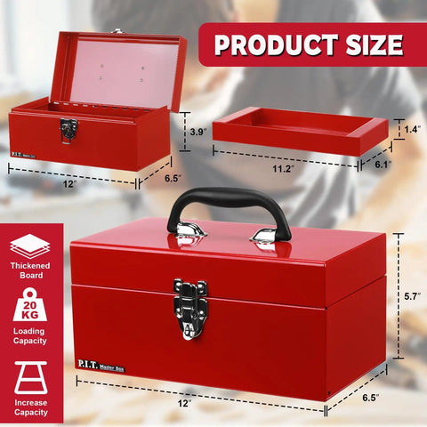 No Cap Heavy Duty Metal Tool Box With Secure Latch Lock, Portable 12 Inch Steel Storage Case For Job Sites And Backyard Builds, Durable Powder Coated Shell In Bold Red with size measurements shown.