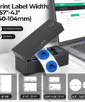 Wireless Bluetooth Thermal Label Printer Covers 4X6 Shipping Labels On The Fly showing label sizes and setup next to a laptop.
