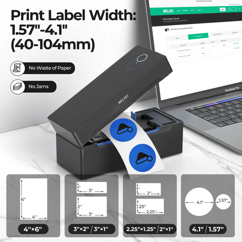 Wireless Bluetooth Thermal Label Printer Covers 4X6 Shipping Labels On The Fly showing label sizes and setup next to a laptop.