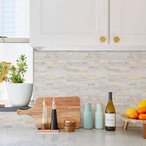 Peel And Stick Backsplash Tiles For Kitchen Beige With Metal Gold Finish 5 Sheets PVC Composite Heavy Duty Adhesive Scratch Resistant Easy To Install DIY Friendly Removable Without Damaging Walls in modern kitchen setting.