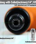 Close-up of Pro Grade 110 Degree Air Die Grinder 18000 RPM Pneumatic Angle Tool showing 1/4 and 1/8 inch collets detail.
