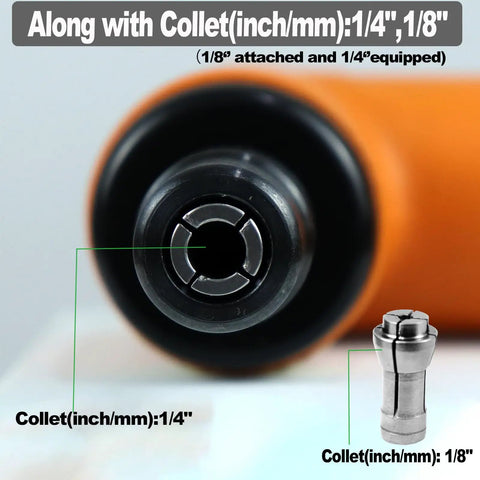 Close-up of Pro Grade 110 Degree Air Die Grinder 18000 RPM Pneumatic Angle Tool showing 1/4 and 1/8 inch collets detail.