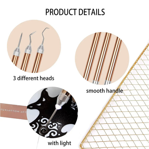 Lighted Vinyl Weeding Tools Set 3 Piece Pin And Hook Led Pen For Easy Iron On Removal Tiny Vinyl Paper Silhouette Work Rose Gold Finish Great For Cricut And Silhouette Cutting Machines