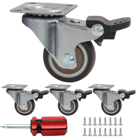 Set Of Four 1-1/2 Inch Low Profile Swivel Casters With Locking Brakes Quiet TPR Rubber Wheels For Furniture Tables And Boxes