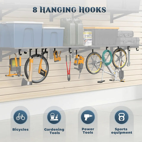 Heavy-Duty 2 Pack Wall Mounted Garage Shelves With 8 Hooks, 2x4 Ft Each, 500 Lb Total Capacity, Steel Storage Racks For Tool Organization, Garage, Workshop, Home Workspace, And All Your Gear, holding bikes and tools