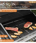 4 Burner Gas Grill With Side Burner And Porcelain Enameled Cast Iron Grates With Stainless Steel Burners 42,000 BTU Propane Outdoor Kitchen Barbecue Cabinet Style Backyard Ready Blue showing cooking surface with meat