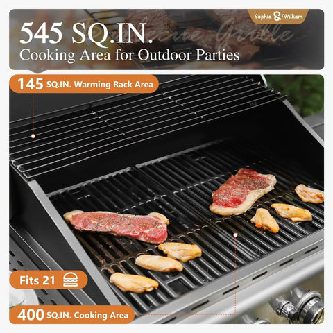 4 Burner Gas Grill With Side Burner And Porcelain Enameled Cast Iron Grates With Stainless Steel Burners 42,000 BTU Propane Outdoor Kitchen Barbecue Cabinet Style Backyard Ready Blue showing cooking surface with meat