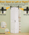 32x84 Inch Bi Fold Barn Door Set With Six Raised Panels, Paintable White Primed Finish, Pre Finished Barn Door With Hardware Kit Included, 36 Inch Track Kit For Two Closet Doors, Ideal For Pantry, Laundry Or Bathroom, Eco Friendly CARB P2 Wood – Image showing door open with hangers and guide