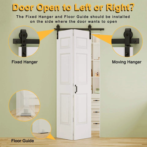 32x84 Inch Bi Fold Barn Door Set With Six Raised Panels, Paintable White Primed Finish, Pre Finished Barn Door With Hardware Kit Included, 36 Inch Track Kit For Two Closet Doors, Ideal For Pantry, Laundry Or Bathroom, Eco Friendly CARB P2 Wood – Image showing door open with hangers and guide