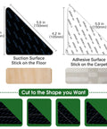 Diagram of non slip rug pads and tape dimensions with triangle design for hardwood floors and tiles, reusable and washable.