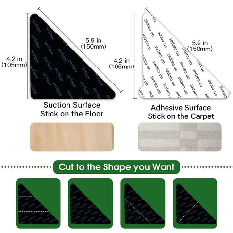 Diagram of non slip rug pads and tape dimensions with triangle design for hardwood floors and tiles, reusable and washable.