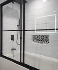 Bathroom with black framed shower, white tiles, and High Flow Tub Spout Wall Mounted Waterfall Faucet Filler For Bathroom Sink And Tub Shower