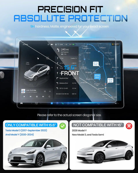 Top Shelf Matte Tempered Glass Screen Protector For 15.6 Inch Dashboard Display for 2017 to 2023 Tesla Model 3 and Model Y.