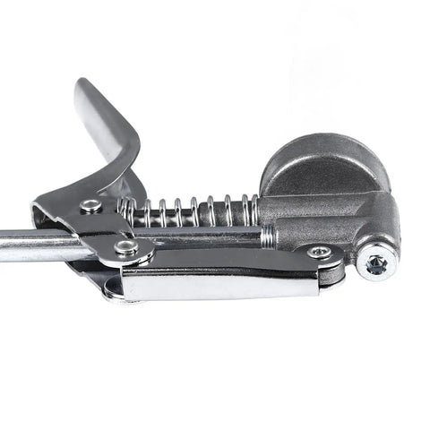 Close-up detail of 120cc Grease Gun Handheld Lubrication Tool with chrome plated metal body, lever and spring for industrial equipment maintenance.