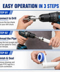Pro Grade Pvc Pipe Threading Tool With 1 2 3 4 And 1 Inch Die Heads demonstrating steps to connect drill and thread PVC pipe.