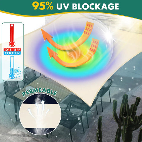 10 By 13 Foot Waterproof Sun Shade Sail Rectangle Canopy For Patio Pergola And Backyard Keeps Outdoor Space Cool And Shaded UV Block Up To 98 Percent Heavy Duty Sunshade Awning Ivory For Deck Garden And Pool Area showing UV blockage and cooling effect with patio view.