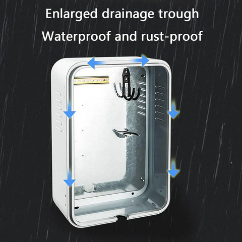 Top Shelf Outdoor Ev Charger Protection Box Wall Mounted With Dang Tough Tempered Glass And Rust Resistant Steel Shielding Featuring A Secure Mechanical Combo Lock For Everyday Plug In Sessions Small Model showing enlarged drainage trough inside.