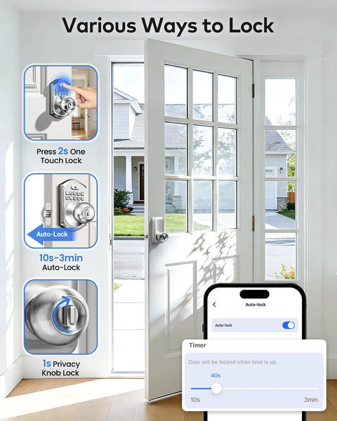 Satin Nickel Smart Keypad Door Lock With Handle Dropping No Sweat Keyless Entry Security To Your Front Door With Smooth App Control and options for locking.