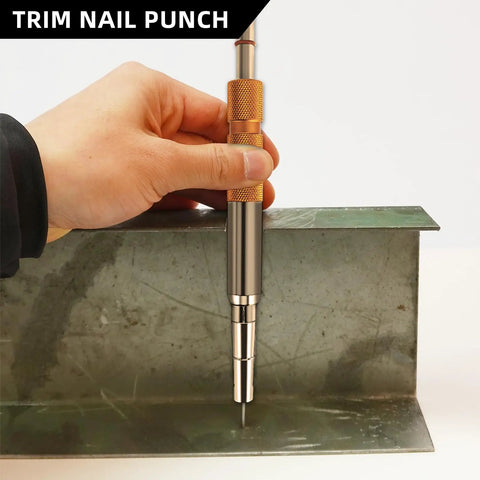 Close-up of trim nail punch from Straight Up Pro 5 Piece Nail Setter And Center Punch Kit with heat treated steel for durability.