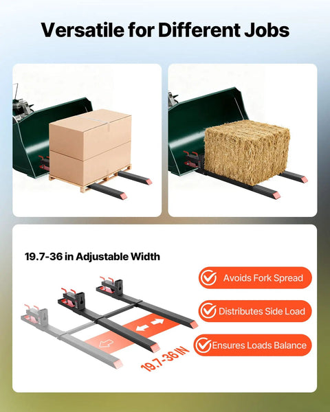 Clamp On 60-Inch Total Length Pallet Forks For Tractors And Skid Steers lifting boxes and hay, adjustable stabilizer bar shown