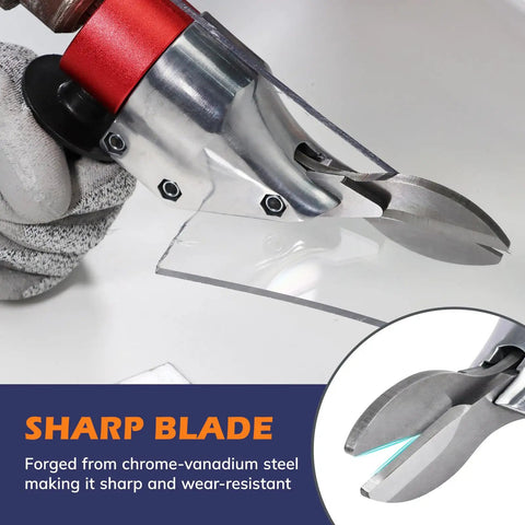 Close-up of Drill Metal Shear Attachment With 360 Degree Pivoting Head For Cordless Drills cutting metal