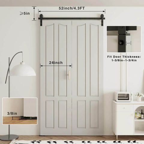 52 Inch Bi Folding Barn Door Hardware Kit For Two Doors With Low Ceiling Lite Roller System That Smoothly Slides Fits Double 24 Inch Bifold Doors Space Saving Sliding Solution For Tight Spaces No Door Included installed view with measurements.
