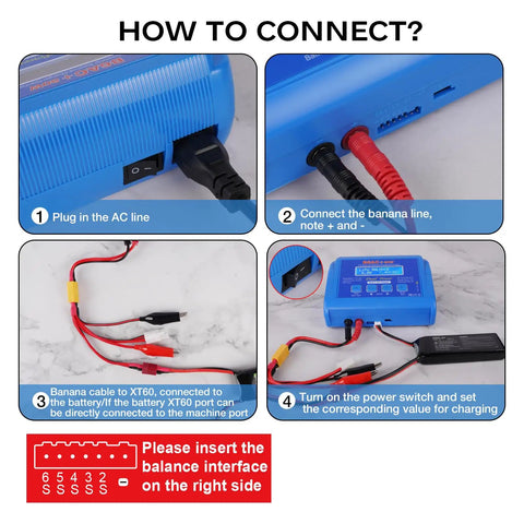 Fast Balance RC Battery Charger 80W 6A Beefy Smart Digital Discharger setup guide with connection steps.