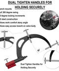 Transmission Holding Fixture Tool with Base showing dual tighten handles, bench mount, and 90-degree locking.