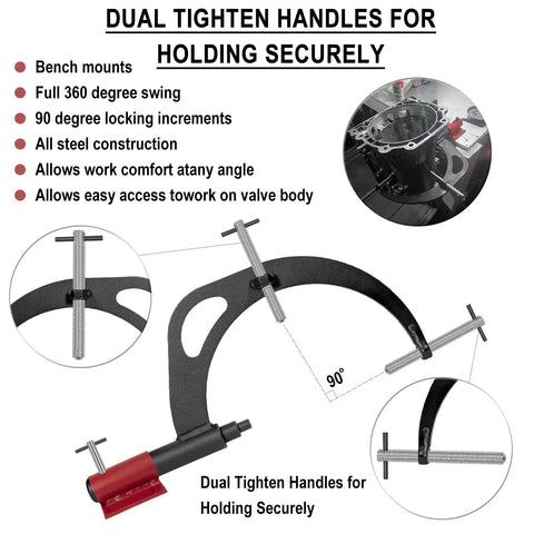 Transmission Holding Fixture Tool with Base showing dual tighten handles, bench mount, and 90-degree locking.